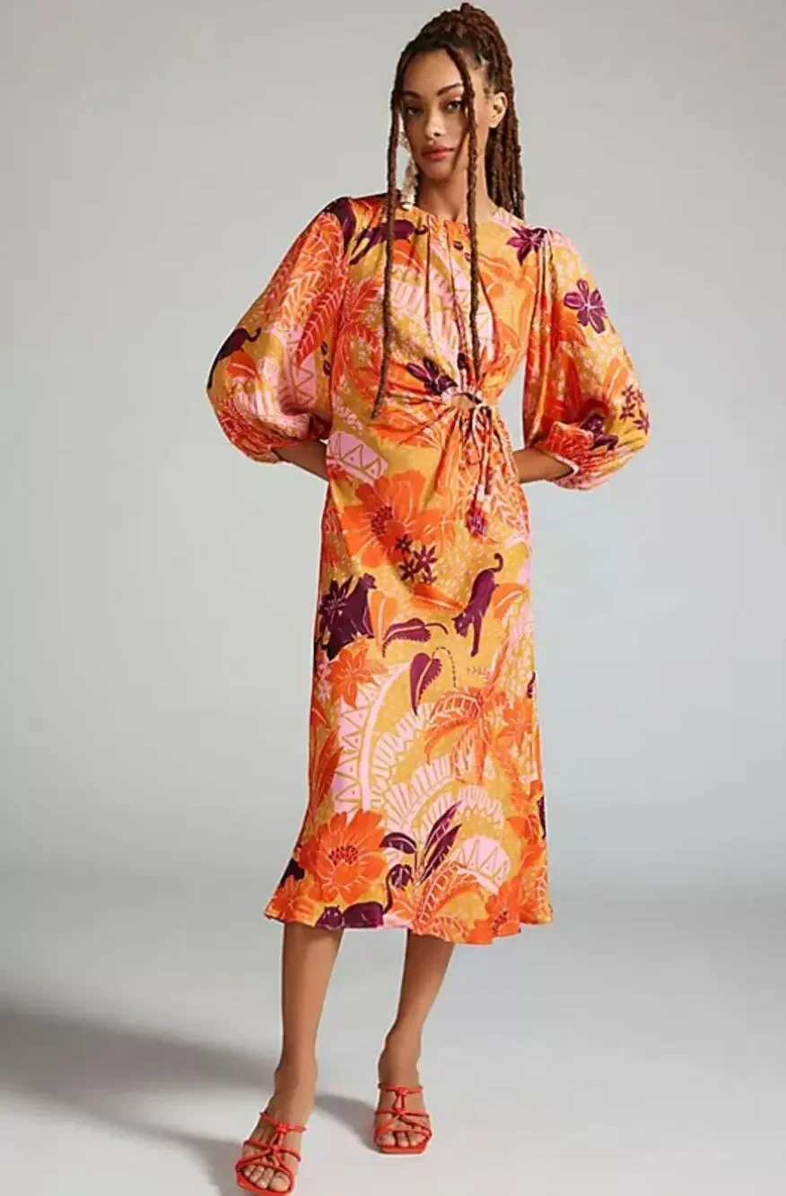 Farm Rio Puff-Sleeve Cutout Slip Maxi Dress Jungle Panther Size Medium - Picture 1 of 10
